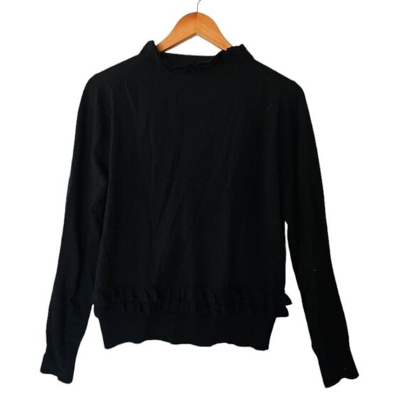 J. Crew Black Cardigan 100% Merino Wool‎ L Large Ruffle Lightweight Soft - Picture 9 of 11